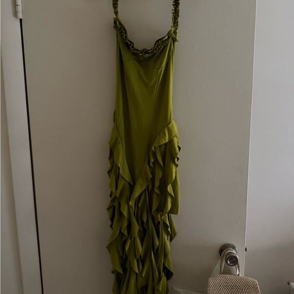Ruffled Asymmetrical Olive Green Dress - Picture 2 of 2